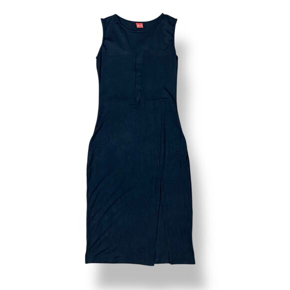 GG<5 Black Midi Dress Women’s Small Sleeveless Bodycon Sheer Mesh Panel Cocktail - Picture 1 of 8